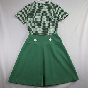 Linda Originals Vintage 70s Mod Green Stripe Dress, White Buttons, Polyester.